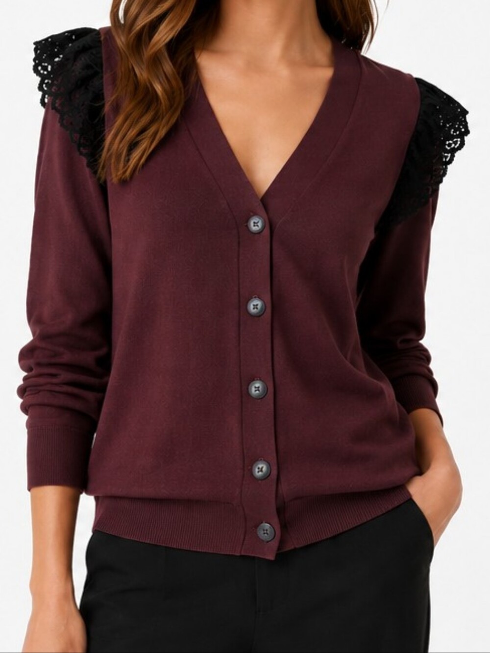 AMOUR VERT Burgundy V-Neck Button Cardigan with Black Lace Shoulders. Sz S. NWT